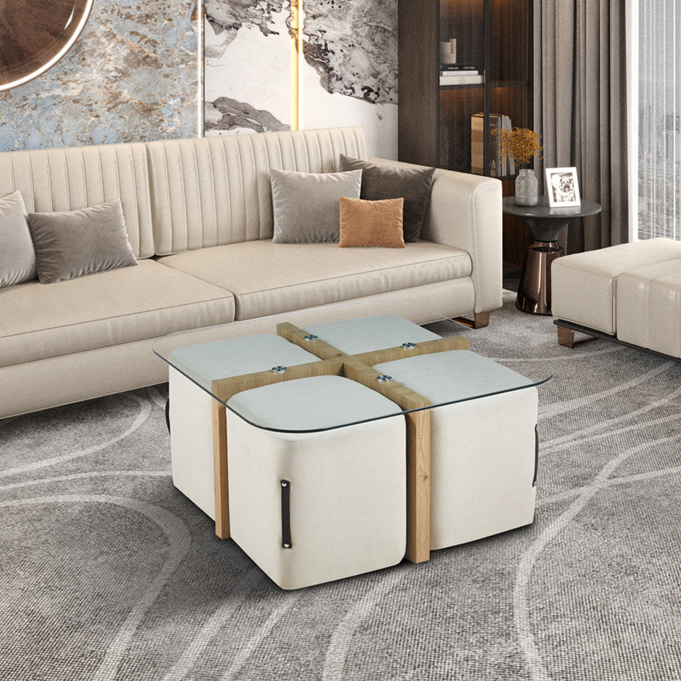 SHANA Table basse en verre socle couleur bois avec 4 poufs en tissu blanc écru