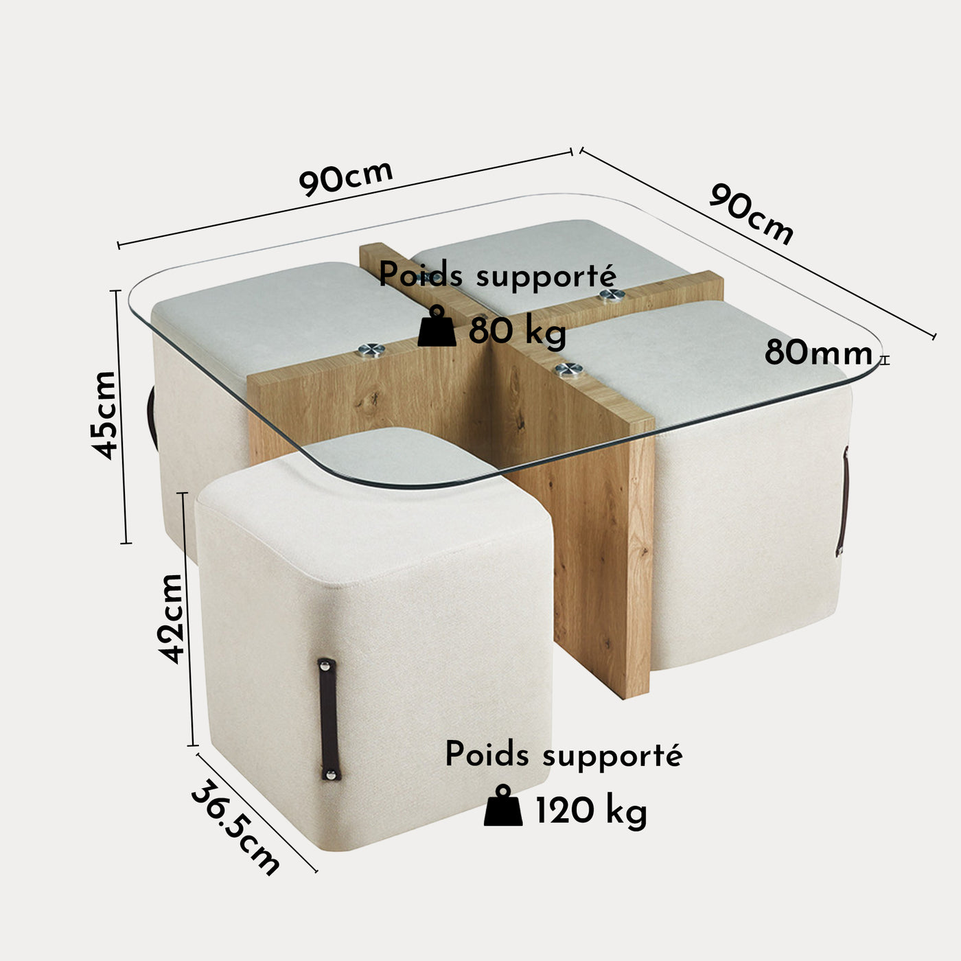 SHANA Table basse en verre socle couleur bois avec 4 poufs en tissu blanc écru