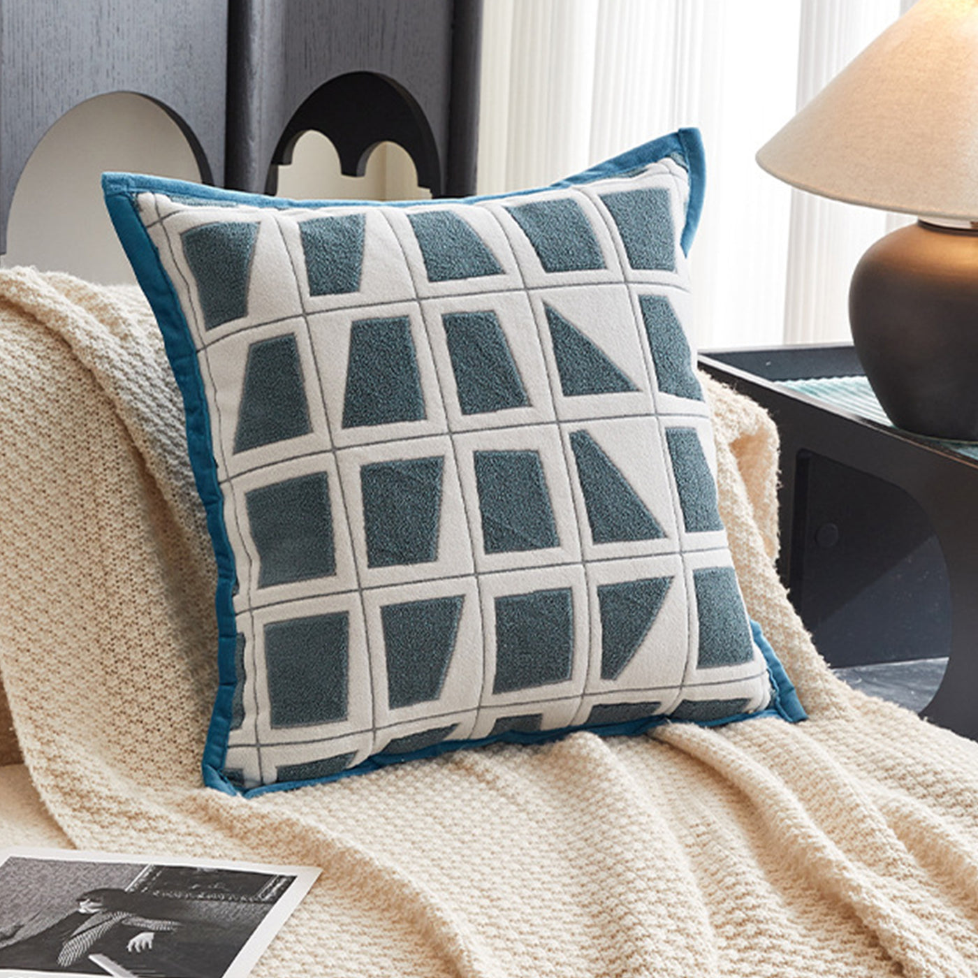 SHAYZ Coussin carré en tissu à motifs blanc et bleu 45x45 cm