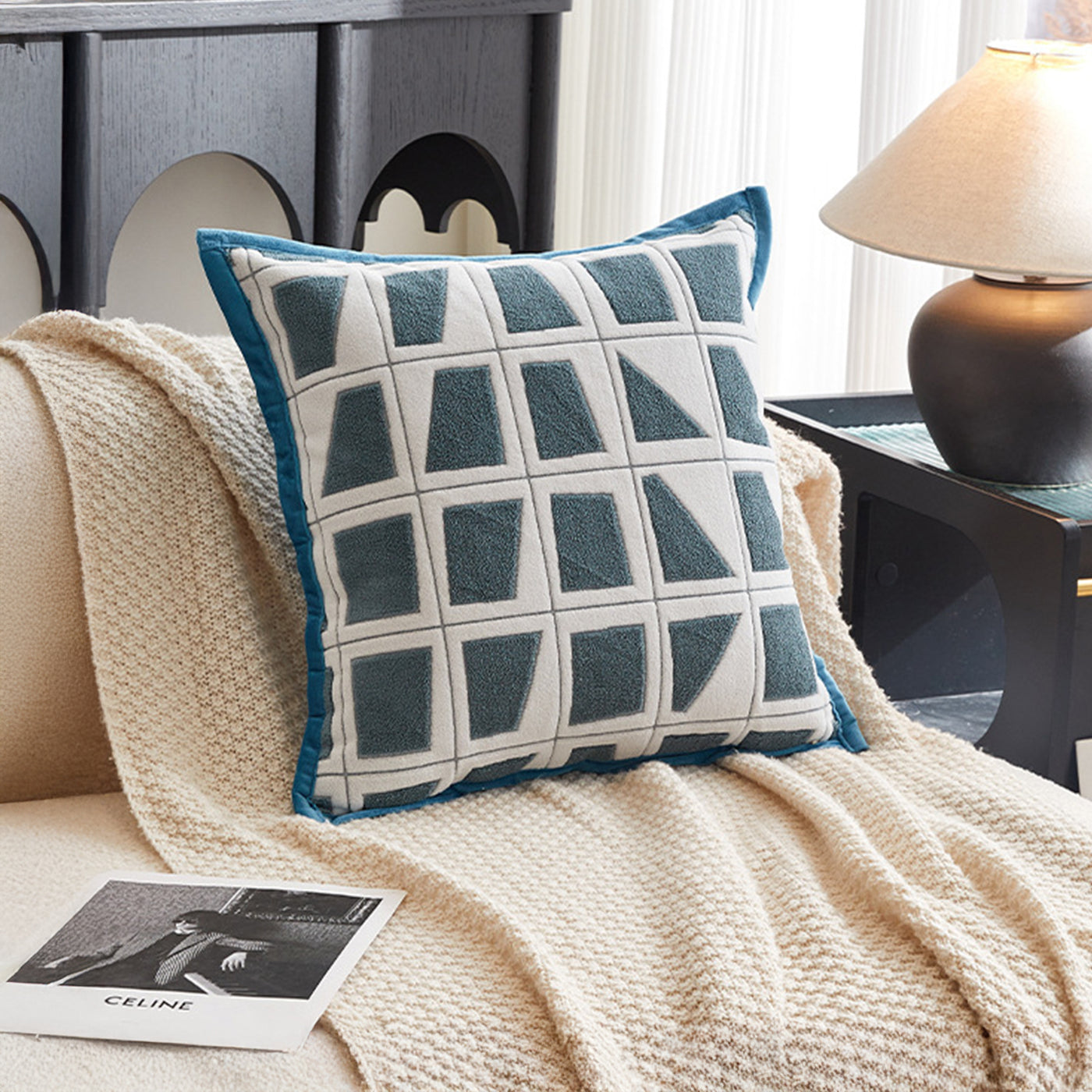 SHAYZ Coussin carré en tissu à motifs blanc et bleu 45x45 cm