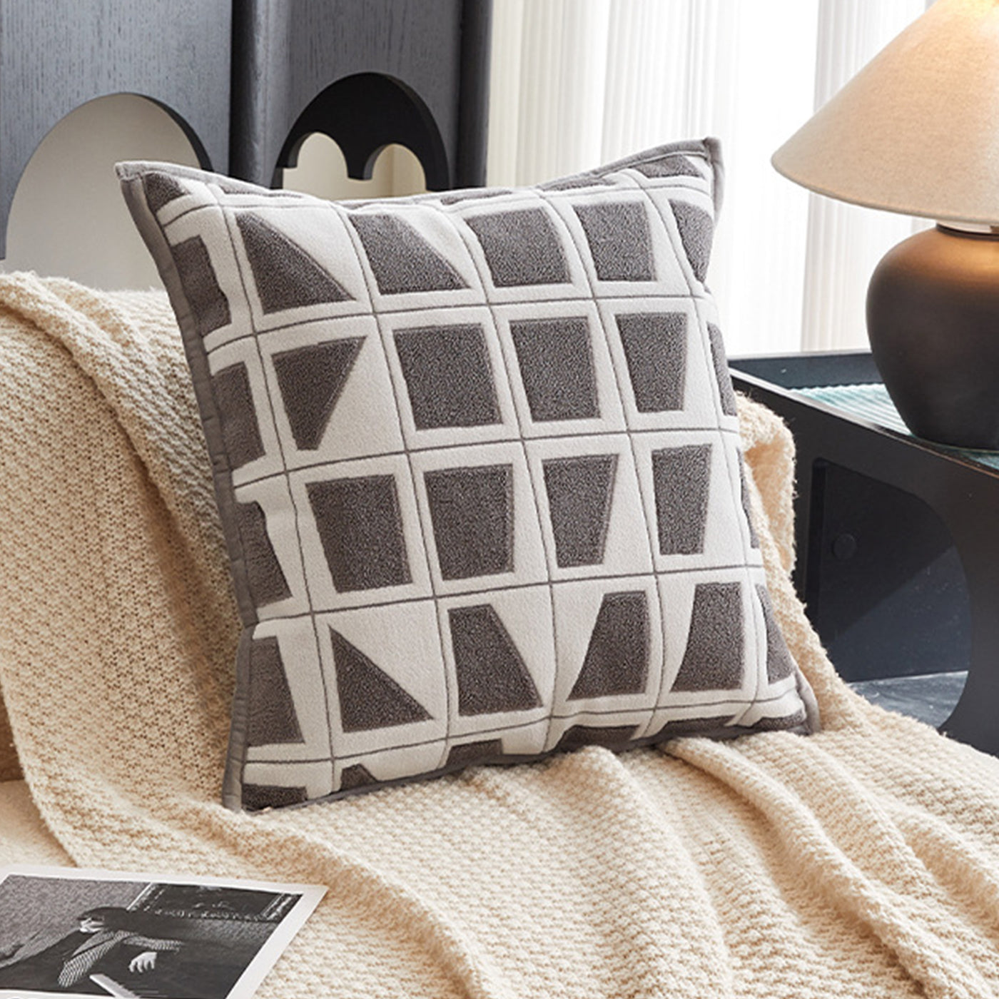 SHAYZ Coussin carré en tissu à motifs blanc et gris 45x45 cm