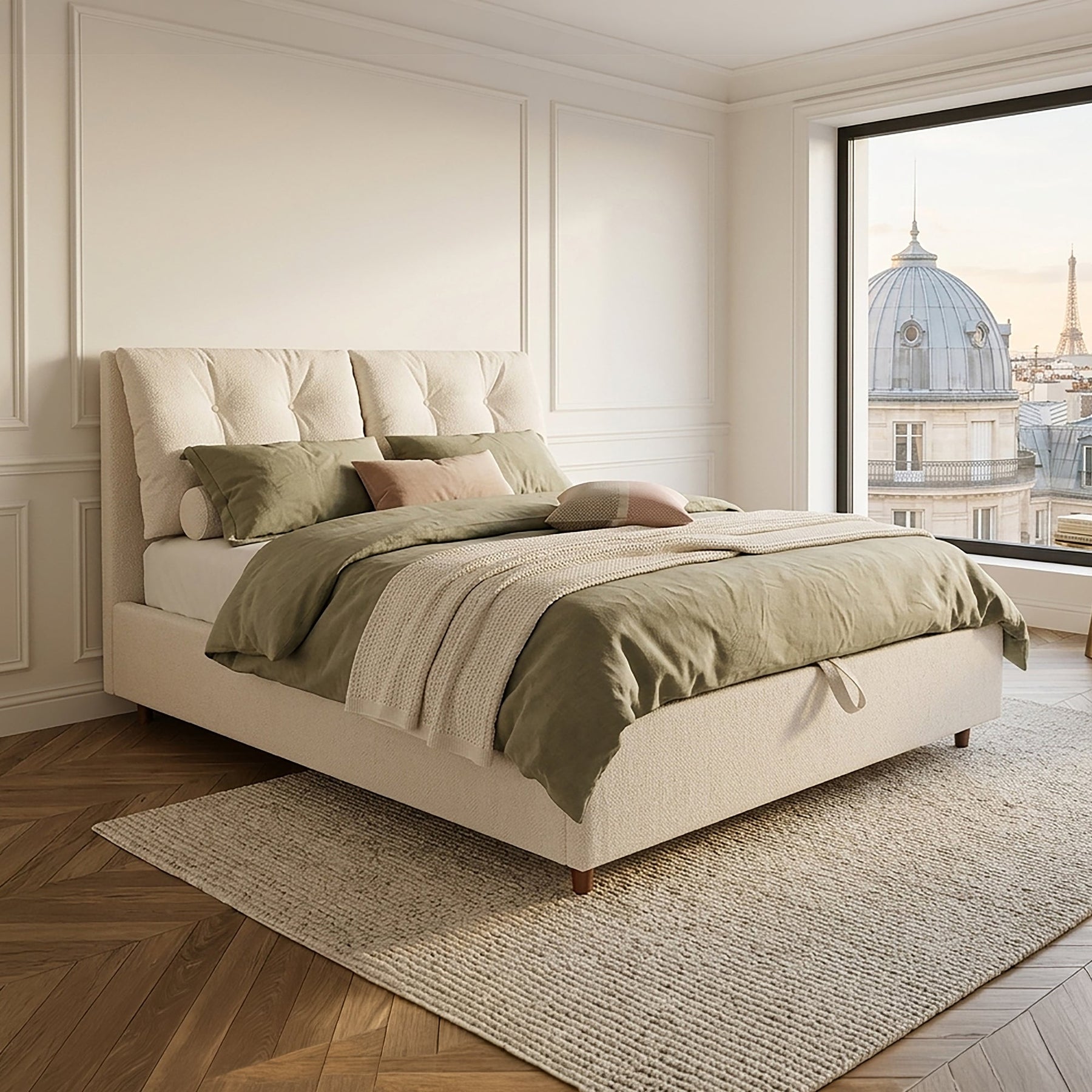 SORA Lit double en tissu beige avec coffre 180x200 cm - Lits - Mobilier Deco
