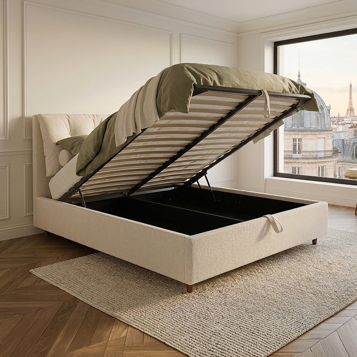 SORA Lit double en tissu beige avec coffre 180x200 cm