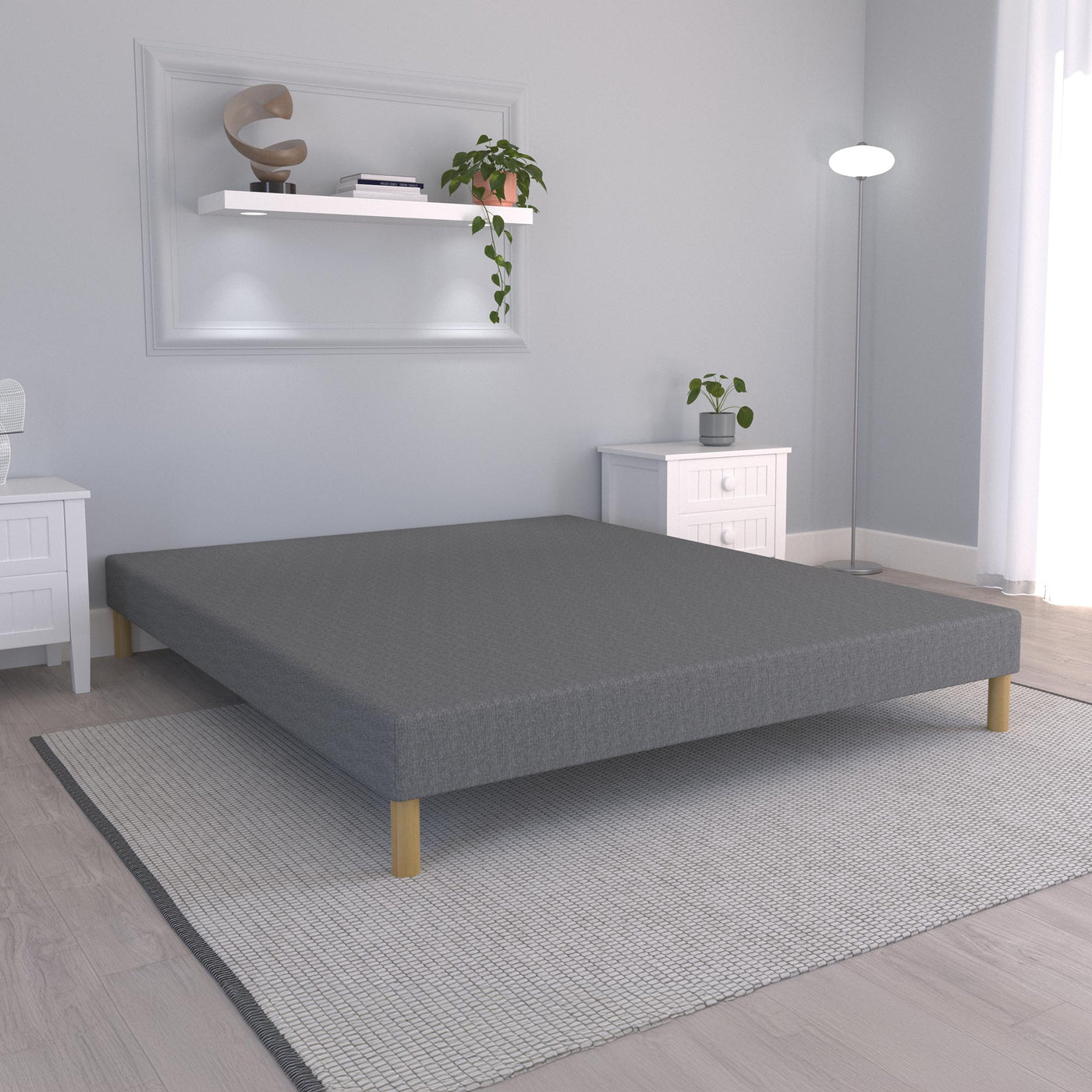 SPRING Sommier tapissier 140x190 tissu gris piètement en bois