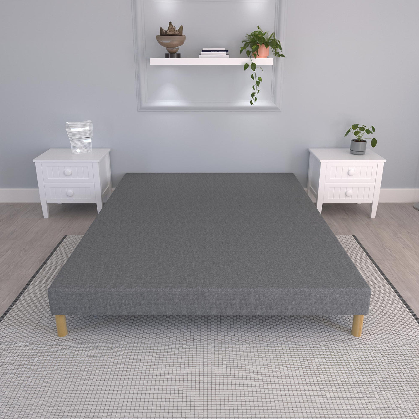 SPRING Sommier tapissier 140x190 tissu gris piètement en bois