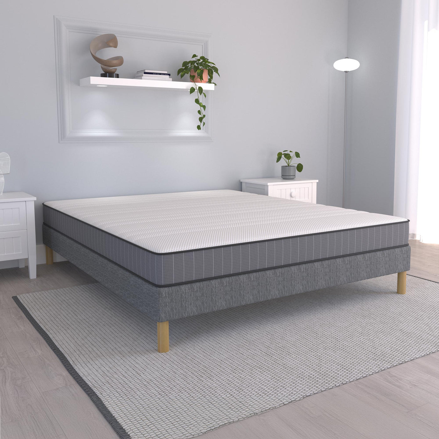 SPRING Sommier tapissier 140x190 tissu gris piètement en bois