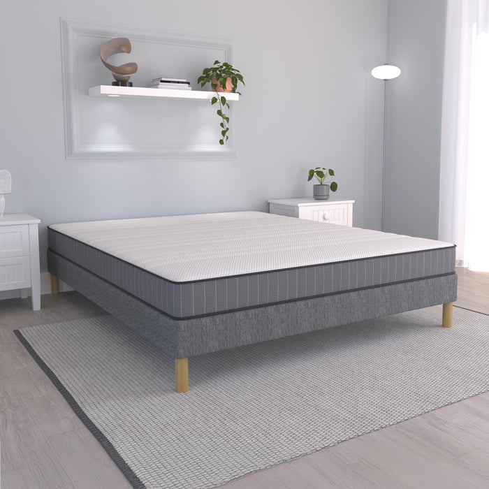 SPRING Sommier tapissier 160x200 tissu gris piètement en bois