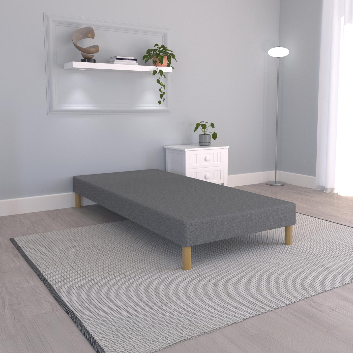SPRING Sommier tapissier 90*190 tissu gris piètement en bois