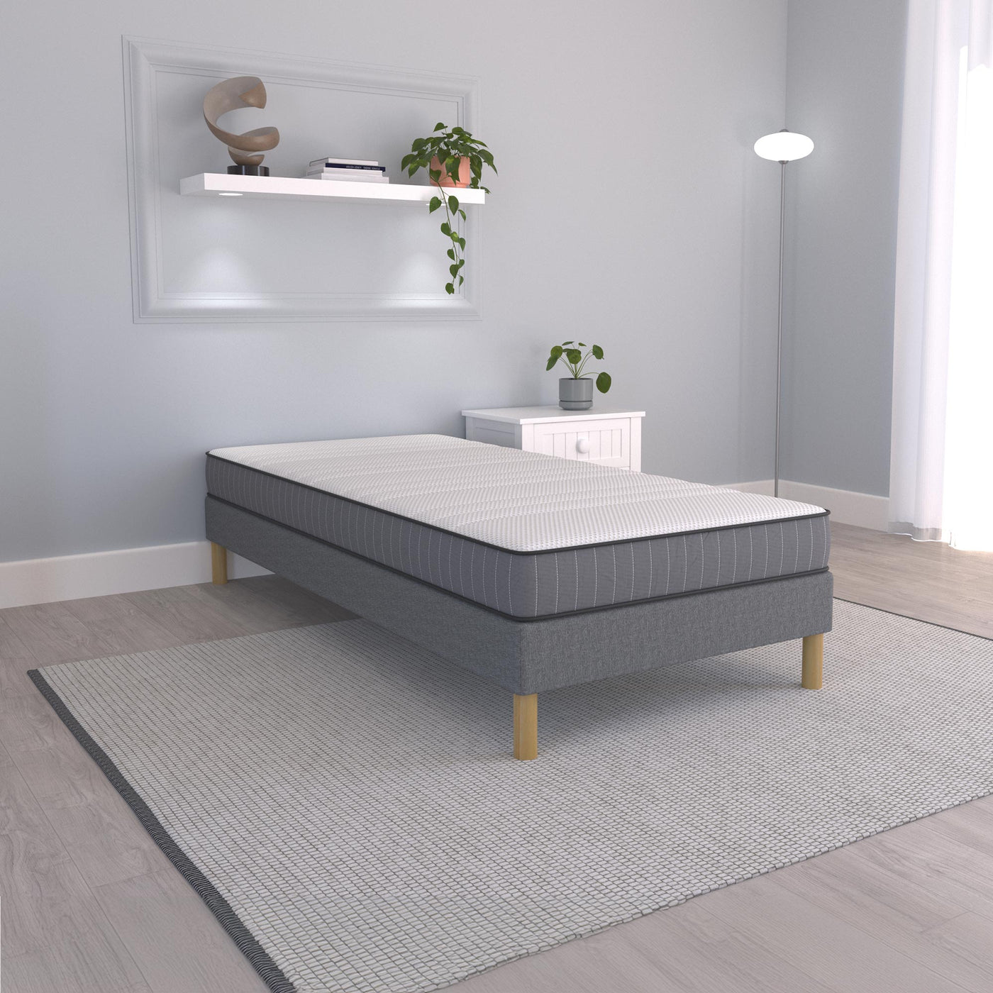 SPRING Sommier tapissier 90*190 tissu gris piètement en bois