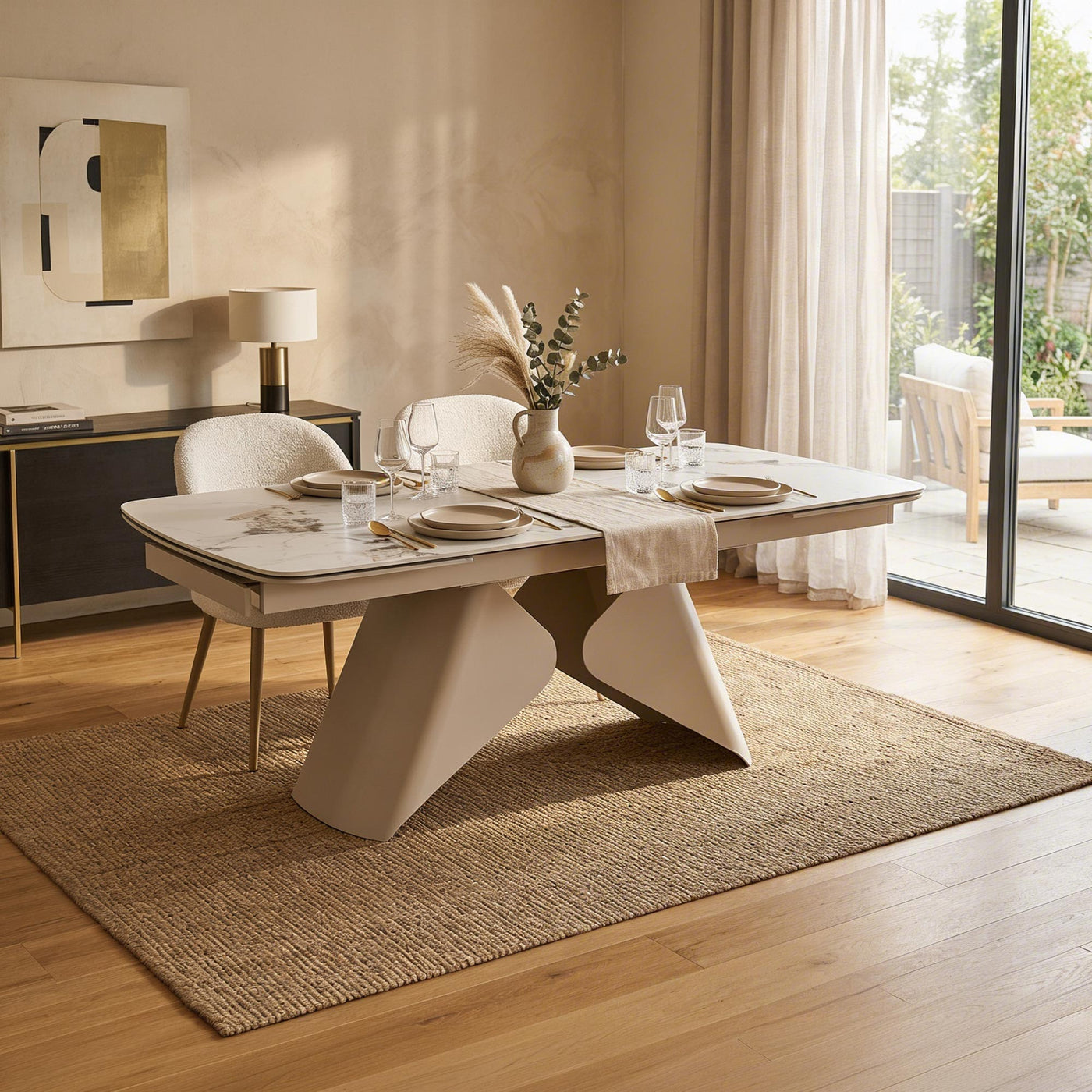 STACY Table à manger extensible en céramique couleur marbre blanc pieds en métal 160-240 cm