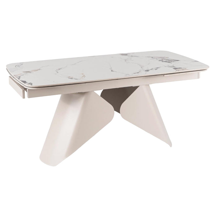 STACY Table à manger extensible en céramique couleur marbre blanc pieds en métal 160-240 cm