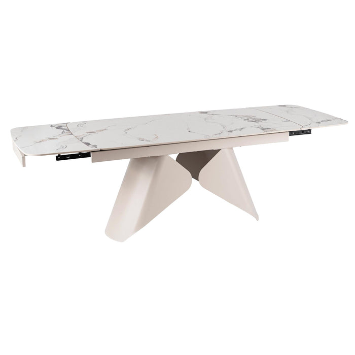 STACY Table à manger extensible en céramique couleur marbre blanc pieds en métal 160-240 cm