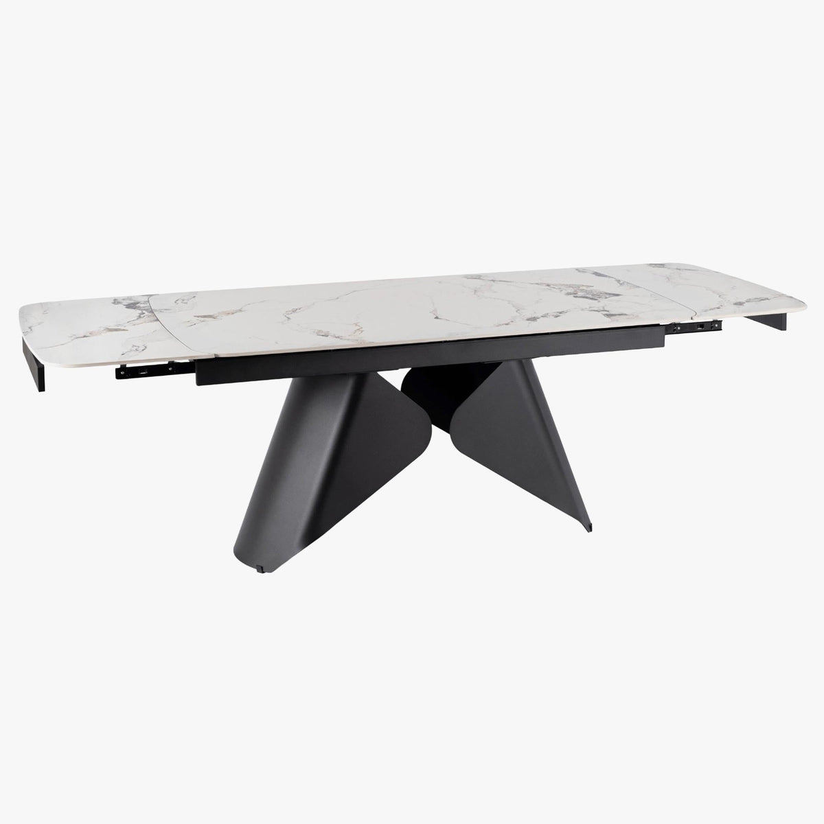 STACY Table à manger extensible en céramique couleur marbre blanc pieds en métal noir 160-240 cm - Mobilier Deco