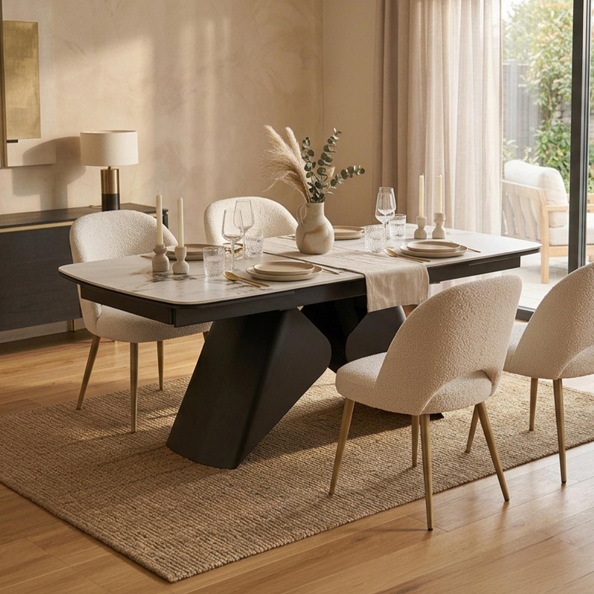 STACY Table à manger extensible en céramique couleur marbre blanc pieds en métal noir 160-240 cm - Mobilier Deco