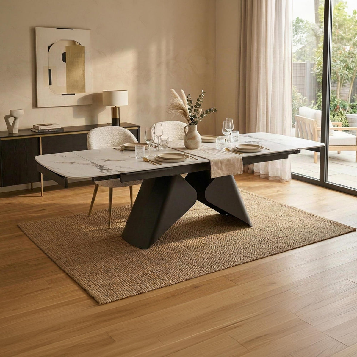 STACY Table à manger extensible en céramique couleur marbre blanc pieds en métal noir 160-240 cm - Mobilier Deco