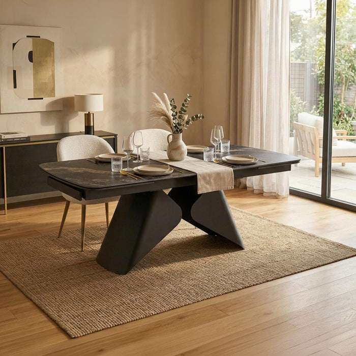 STACY Table à manger extensible en céramique couleur marbre noir pieds en métal 160-240 cm