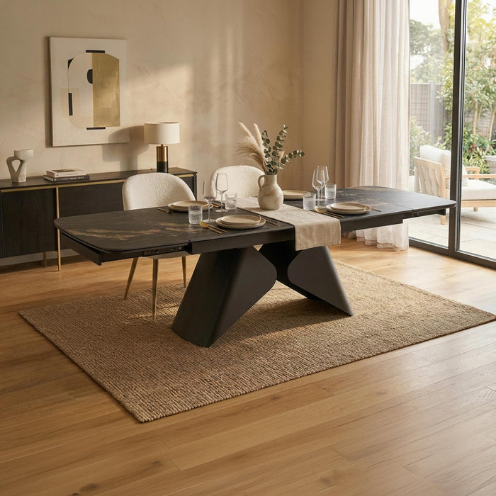 STACY Table à manger extensible en céramique couleur marbre noir pieds en métal 160-240 cm