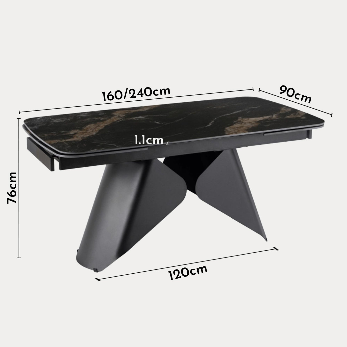 STACY Table à manger extensible en céramique couleur marbre noir pieds en métal 160-240 cm