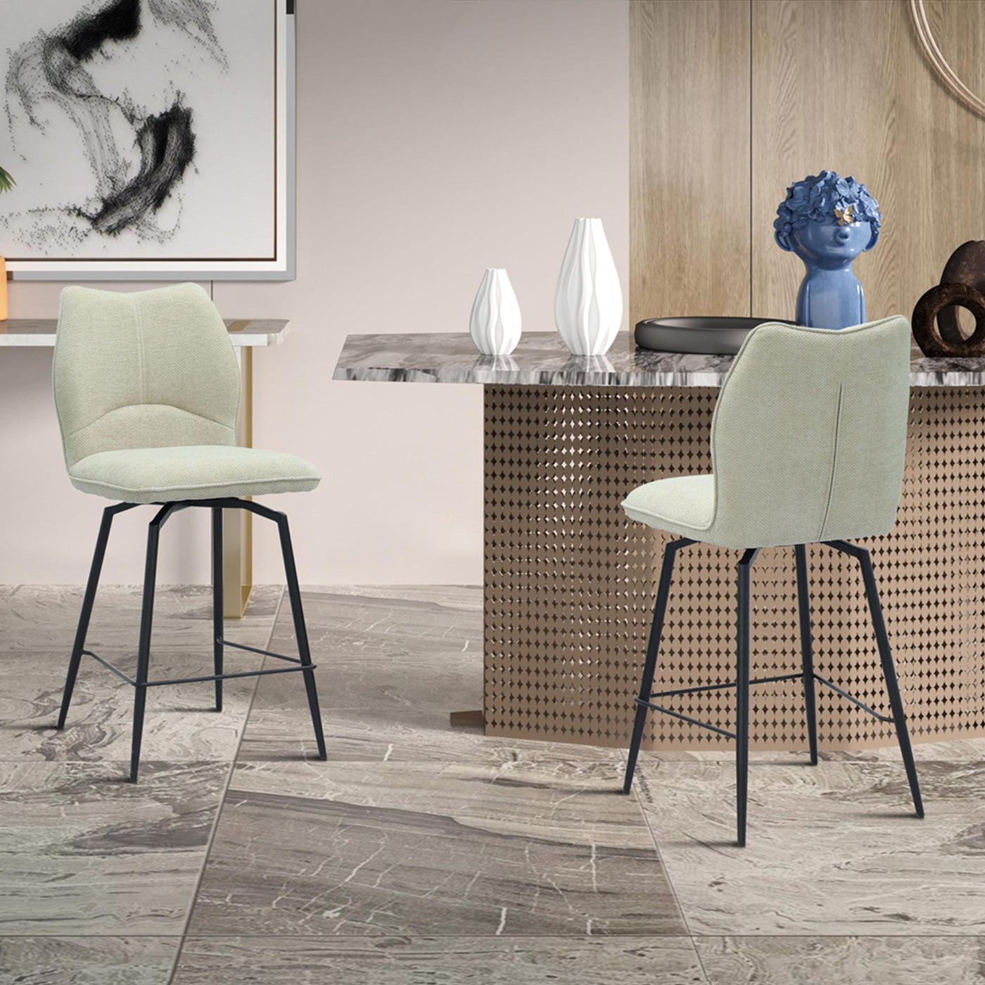 STELA Lot de 2 tabourets pivotants en tissu blanc écru piètement métal noir