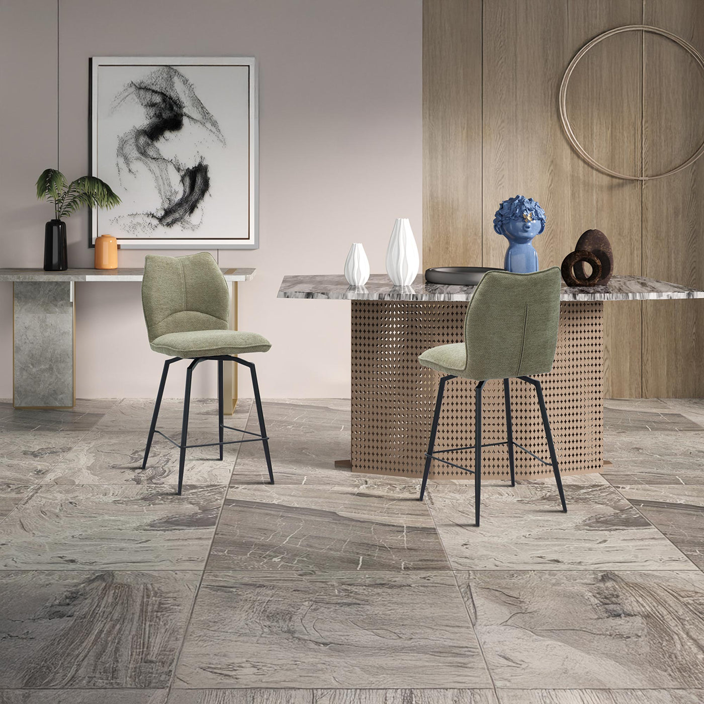 STELA Lot de 2 tabourets pivotants en tissu taupe piètement métal noir - Tabourets - Mobilier Deco