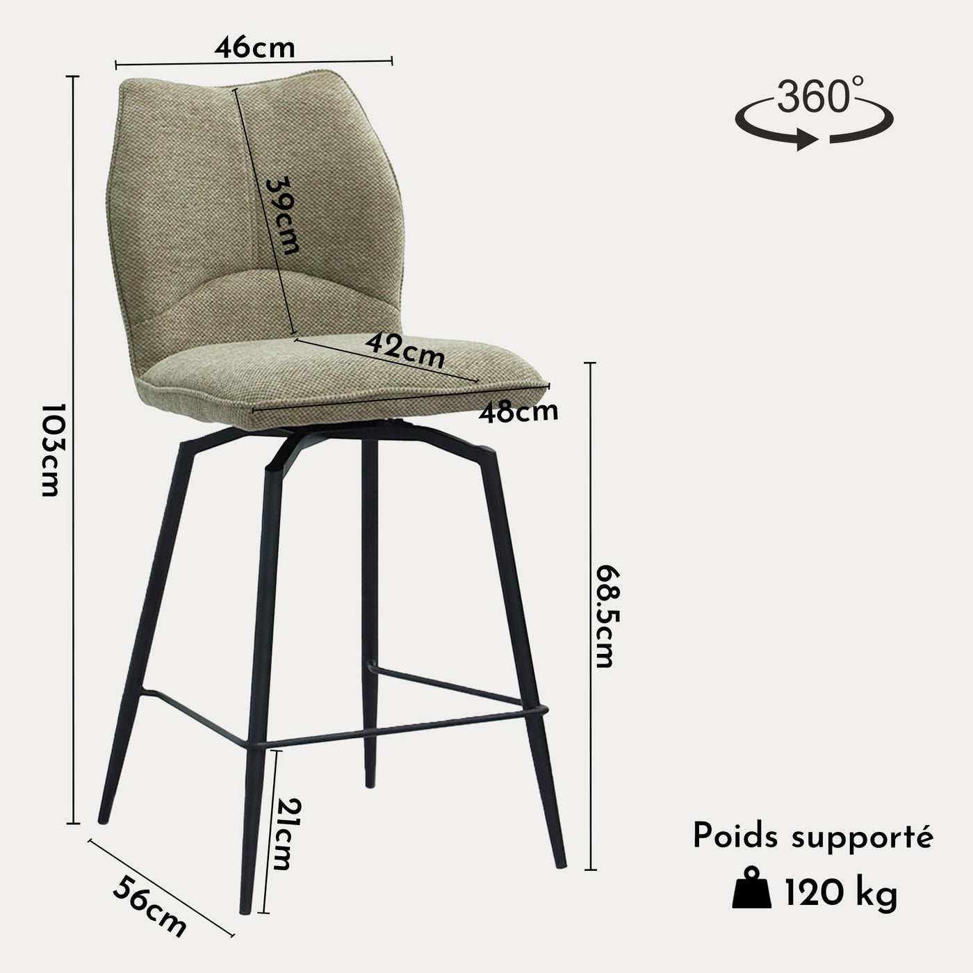 STELA Lot de 2 tabourets pivotants en tissu taupe piètement métal noir