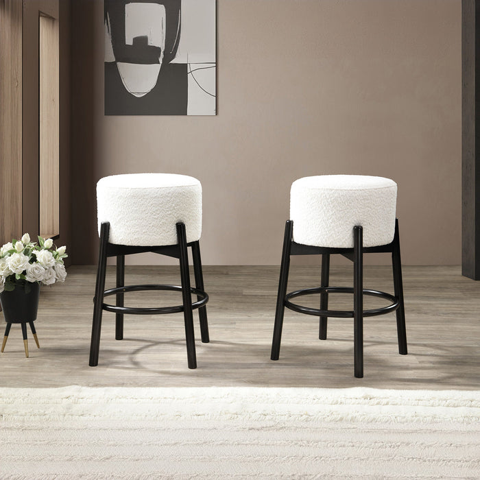 SULLY Lot de 2 tabourets effet peau de mouton blanc et bois noir