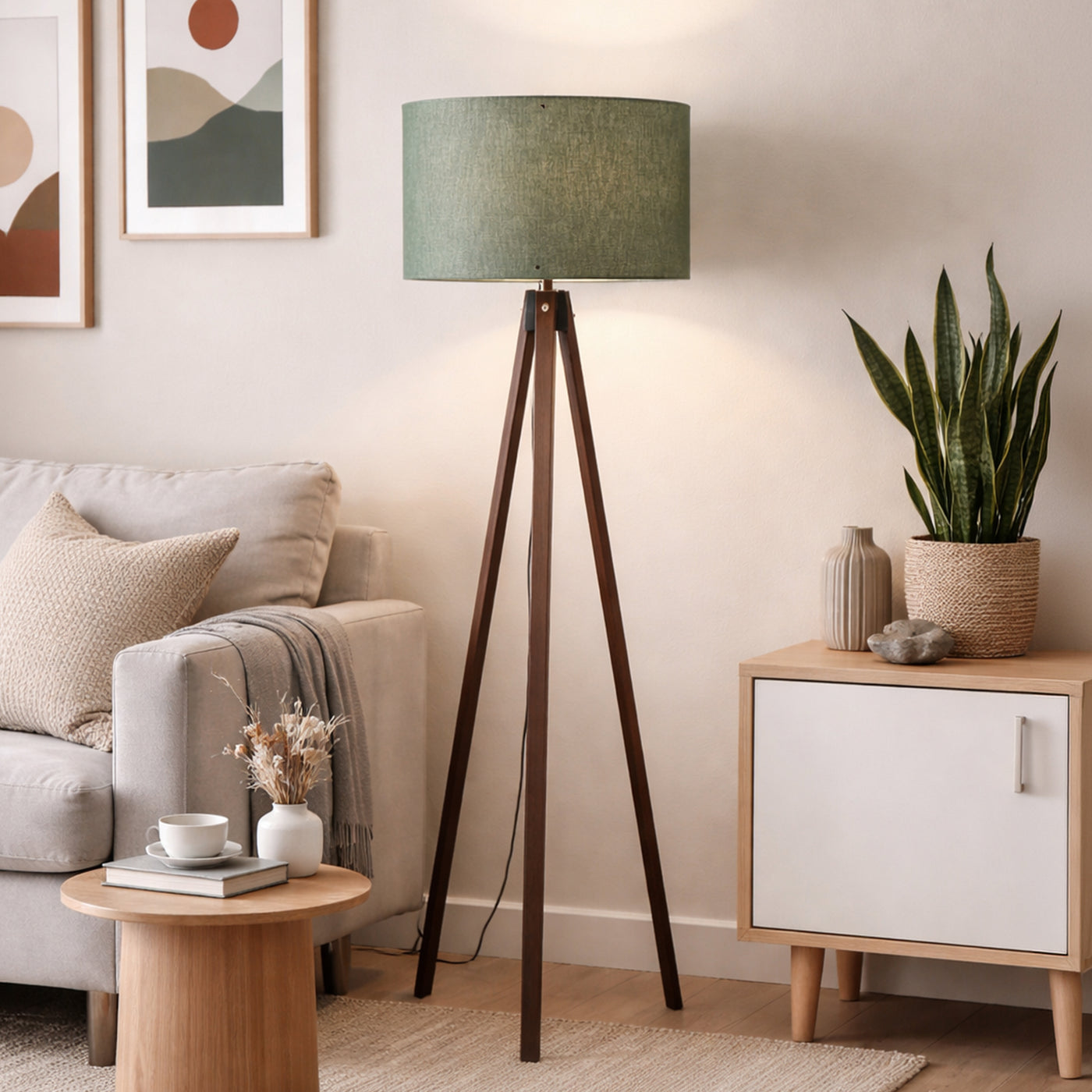 SYMO Lampe sur pieds avec abat jour en PVC vert pieds couleur bois foncé