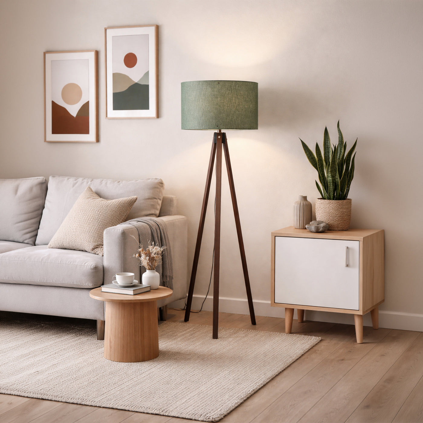 SYMO Lampe sur pieds avec abat jour en PVC vert pieds couleur bois foncé