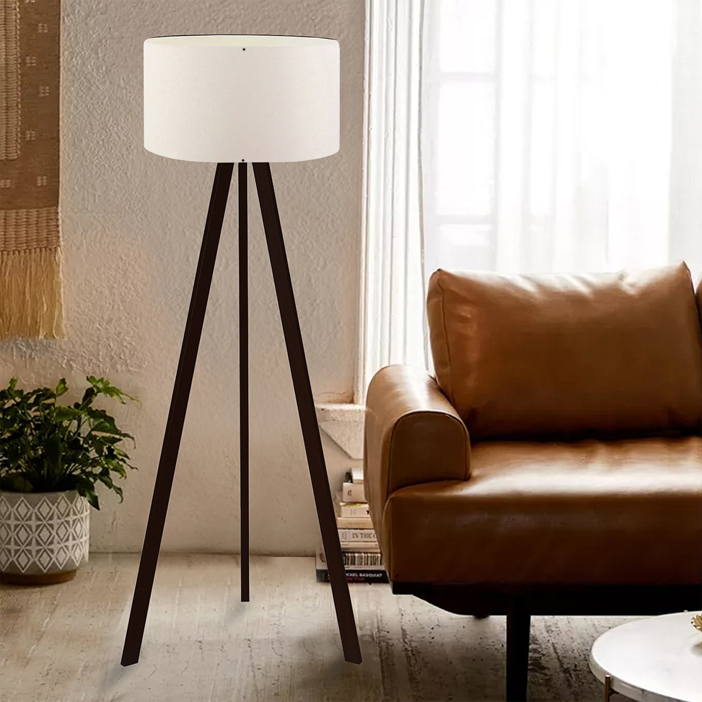 SYMO Lampe sur pieds avec abat jour en tissu blanc pieds noir