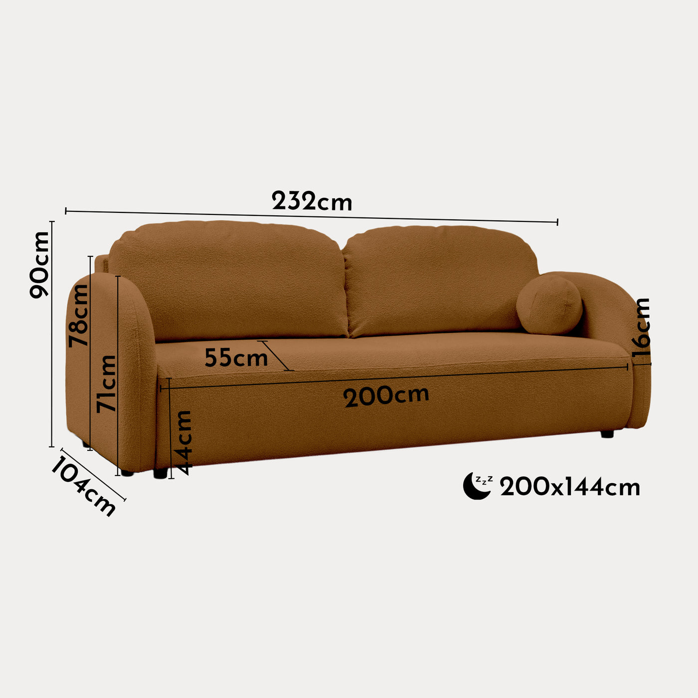 SYNA Canapé 3 places convertible en tissu bouclette orange