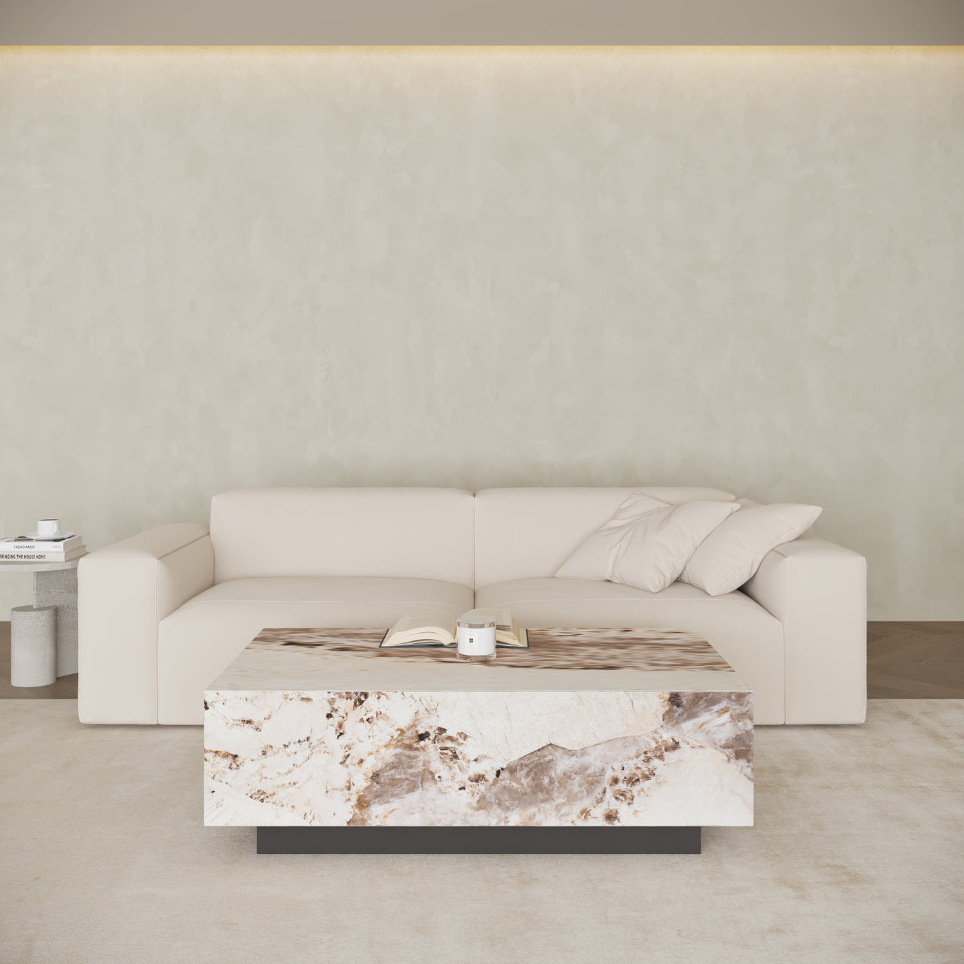 TANIA Table basse rectangulaire marbre d'ingénierie beige et marron