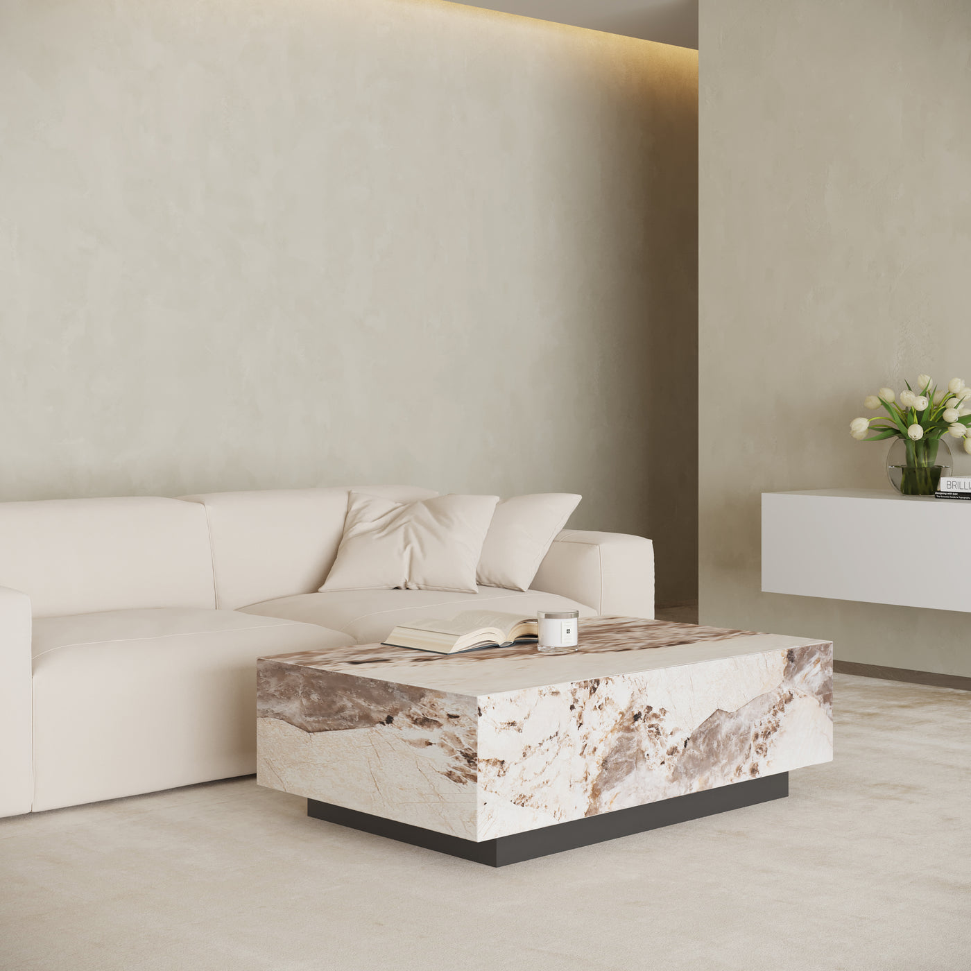 TANIA Table basse rectangulaire marbre d'ingénierie beige et marron