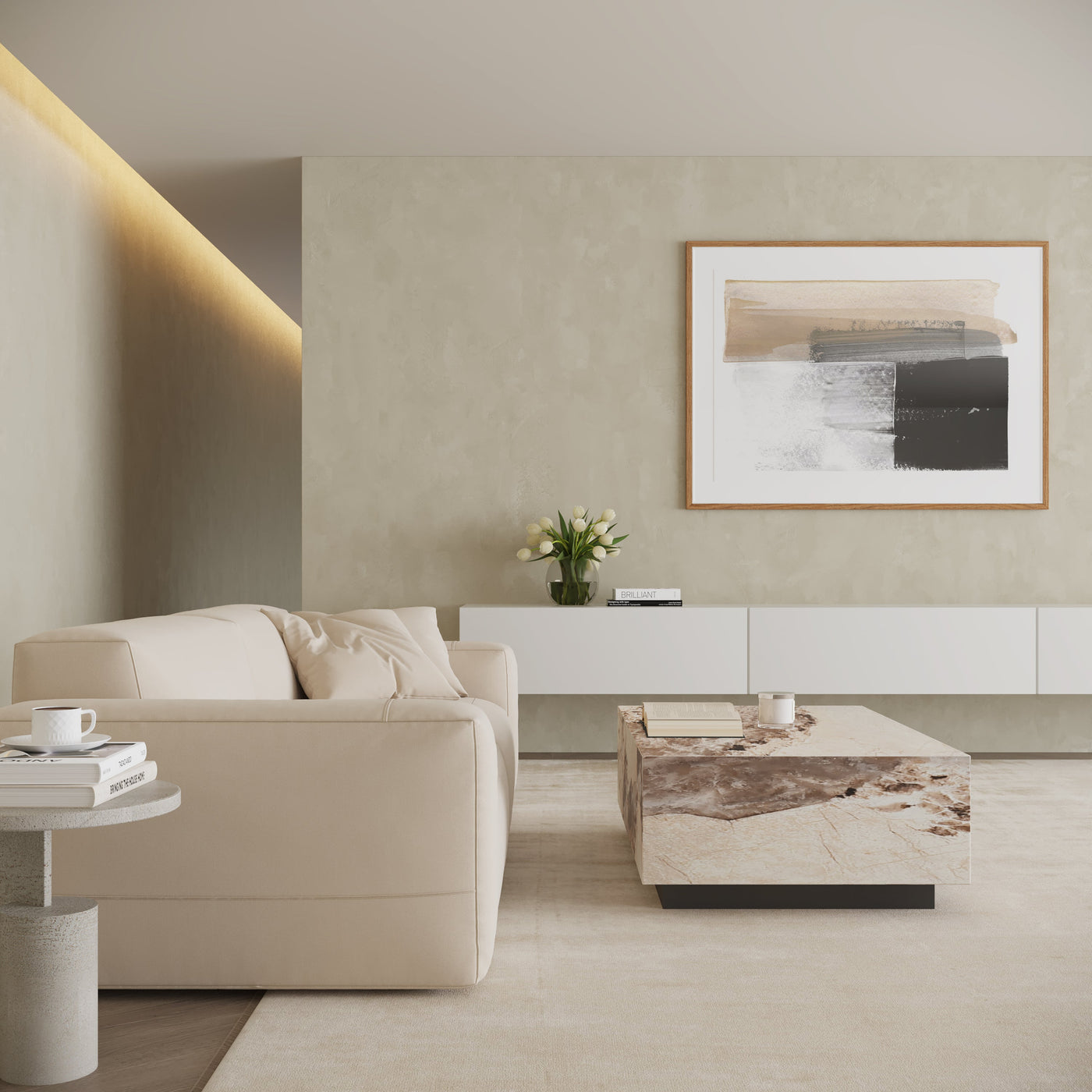 TANIA Table basse rectangulaire marbre d'ingénierie beige et marron - Table basse - Mobilier Deco