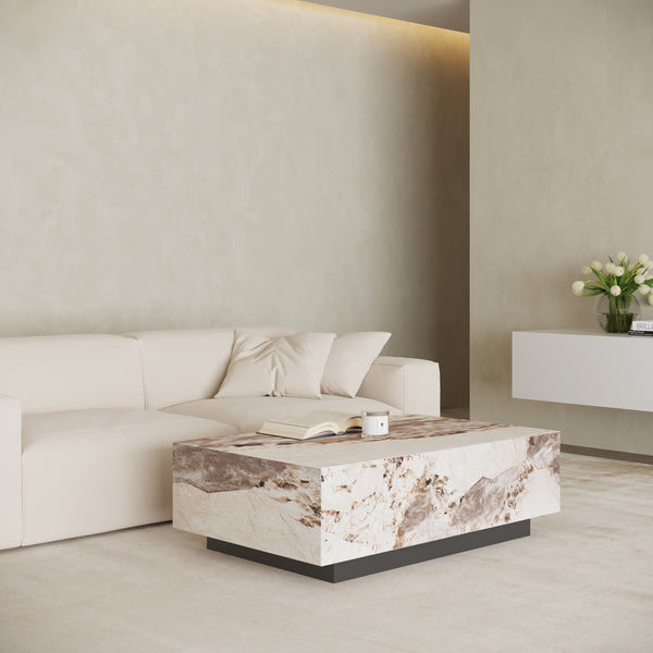TANIA Table basse rectangulaire marbre d'ingénierie beige et marron