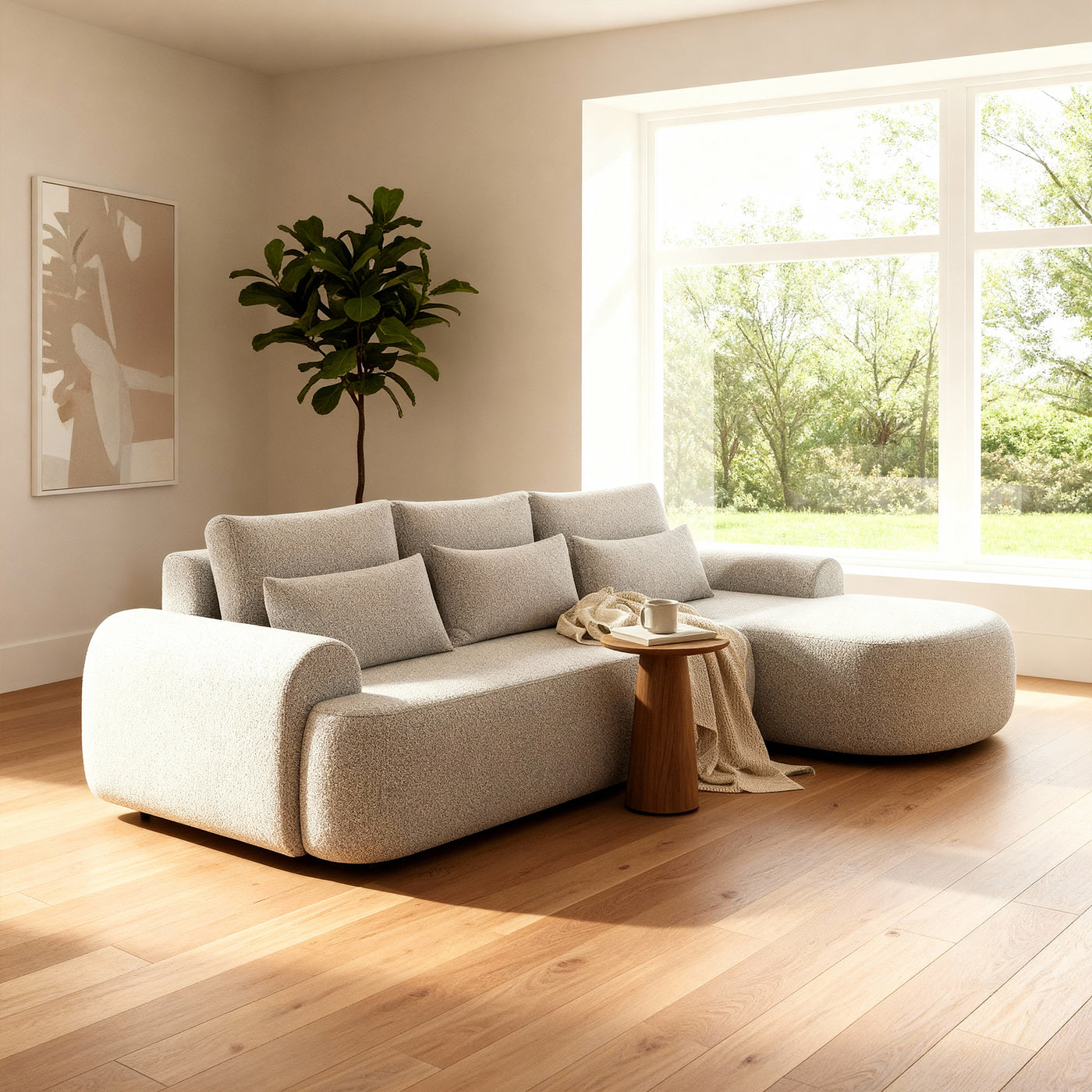 TAYLA Canapé d'angle convertible avec coffre en tissu bouclette beige - Angle droit