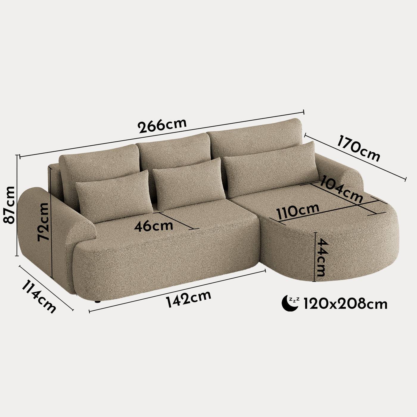 TAYLA Canapé d'angle convertible avec coffre en tissu bouclette taupe - Angle droit