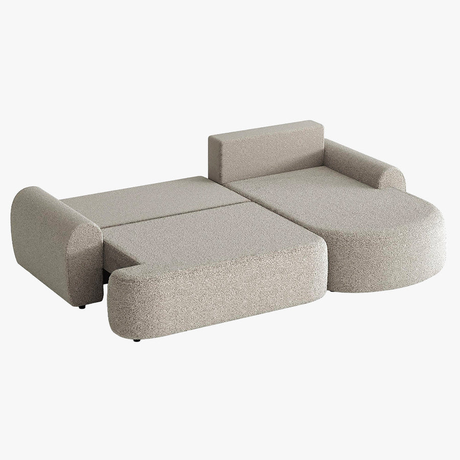 TAYLA Canapé d'angle convertible avec coffre en tissu bouclette beige - Angle droit — aperçu vidéo