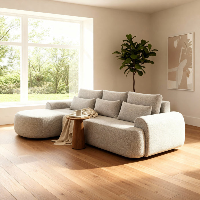 TAYLA Canapé d'angle convertible avec coffre en tissu bouclette beige - Angle gauche