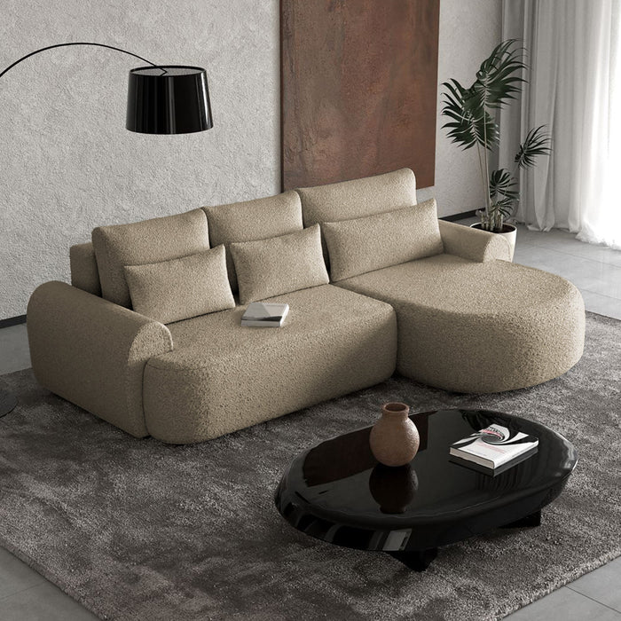 TAYLA Canapé d'angle convertible avec coffre en tissu bouclette taupe - Angle droit