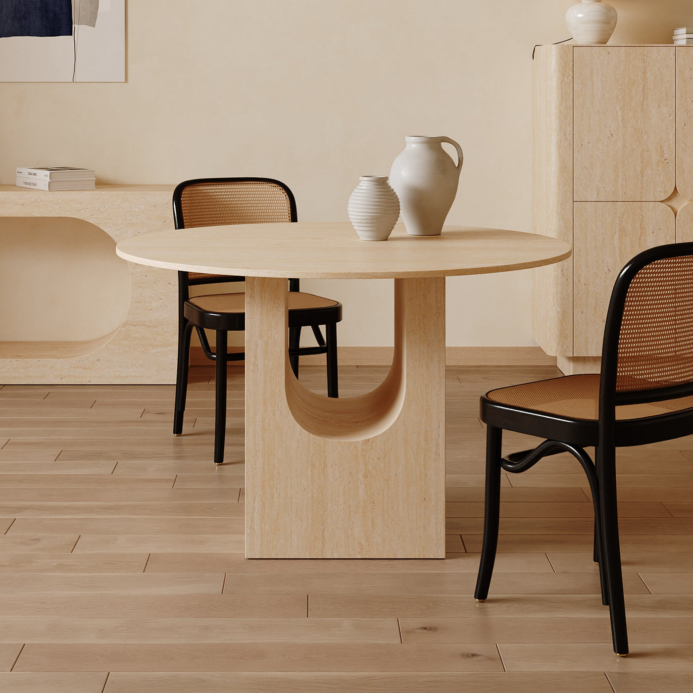TAYZA Table à manger ronde en marbre d'ingénierie couleur travertin - Table à manger - Mobilier Deco