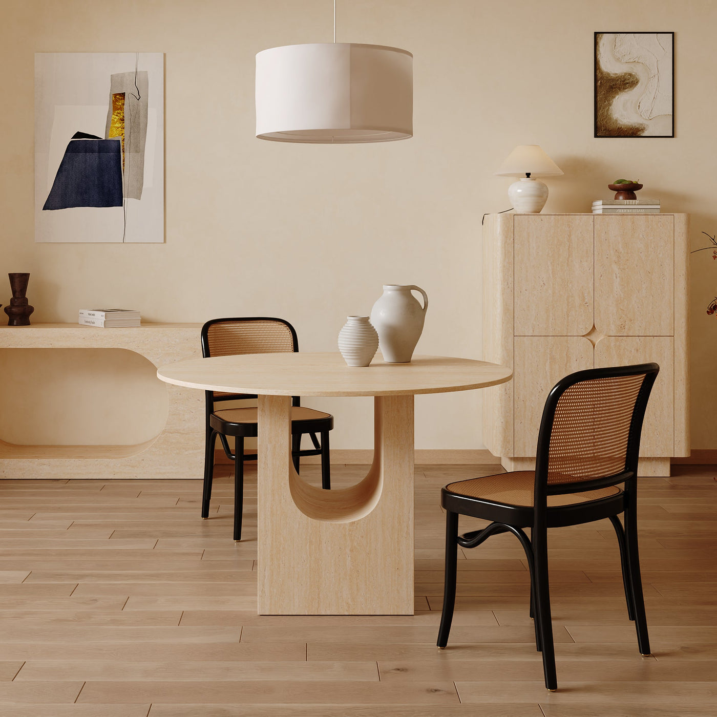 TAYZA Table à manger ronde en marbre d'ingénierie couleur travertin - Table à manger - Mobilier Deco