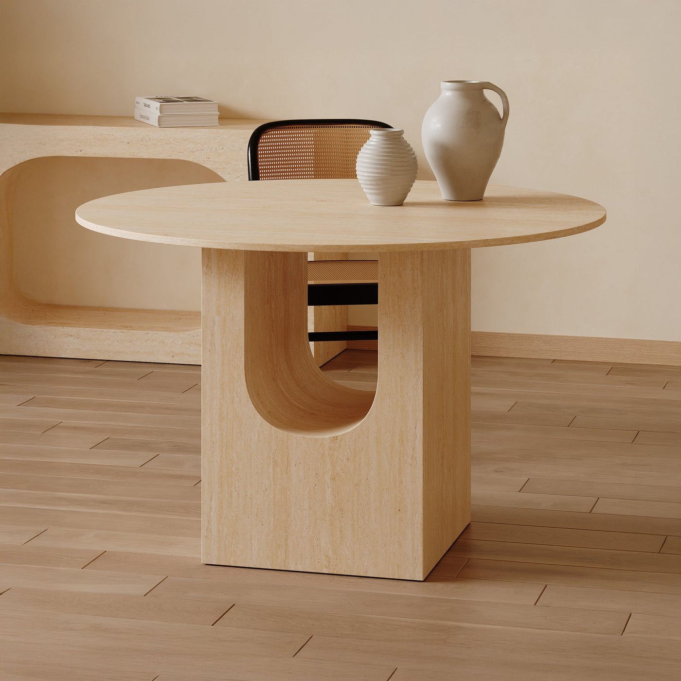 TAYZA Table à manger ronde en marbre d'ingénierie couleur travertin - Table à manger - Mobilier Deco