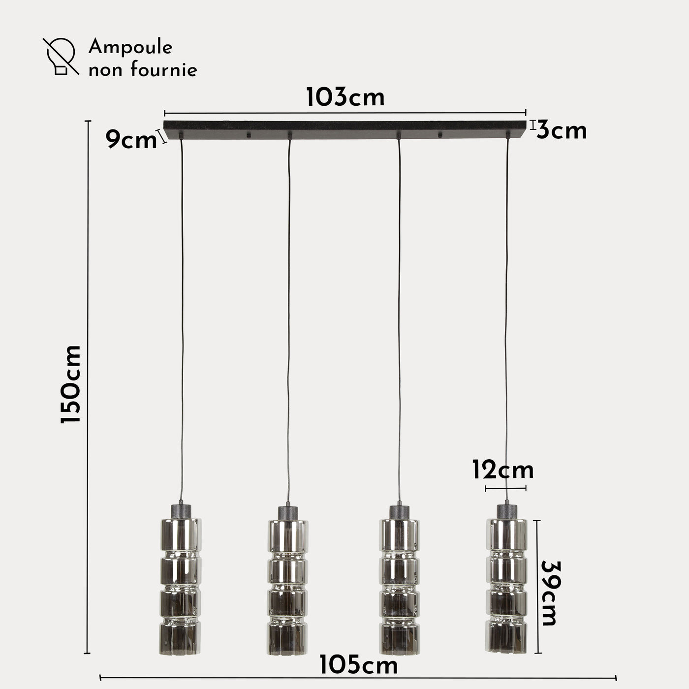 THEA Suspension en tube 4 lampes en métal noir 105x150 cm