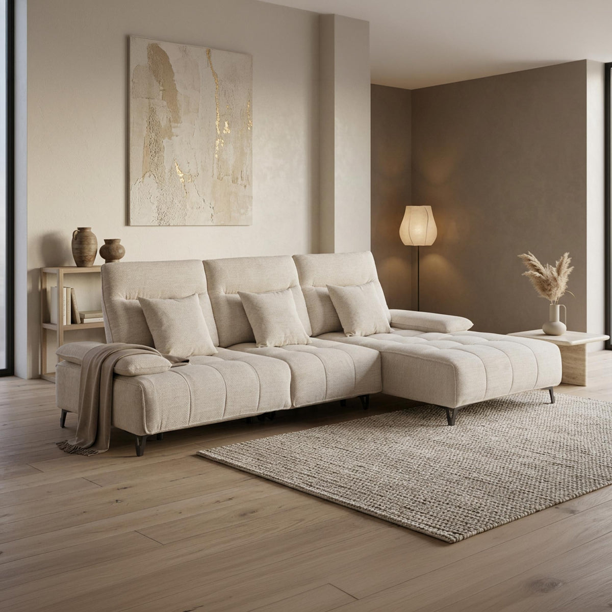 TIAM Canapé d'angle relax électrique en tissu matelassé beige - Angle droit - Canapé relax - Mobilier Deco