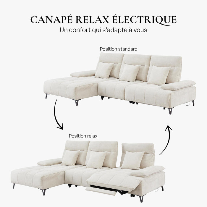 TIAM Canapé d'angle relax électrique en tissu matelassé beige - Angle gauche
