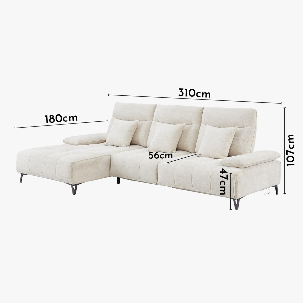 TIAM Canapé d'angle relax électrique en tissu matelassé beige - Angle gauche - Canapé relax - Mobilier Deco