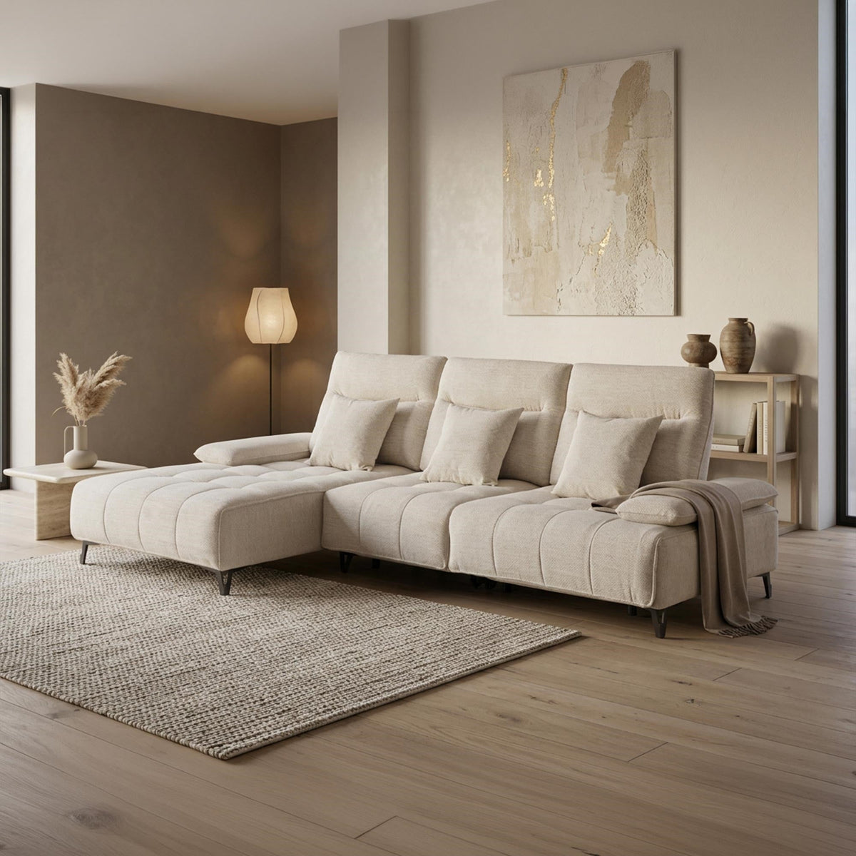 TIAM Canapé d'angle relax électrique en tissu matelassé beige - Angle gauche - Canapé relax - Mobilier Deco