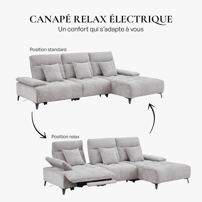 TIAM Canapé d'angle relax électrique en tissu matelassé gris - Angle droit