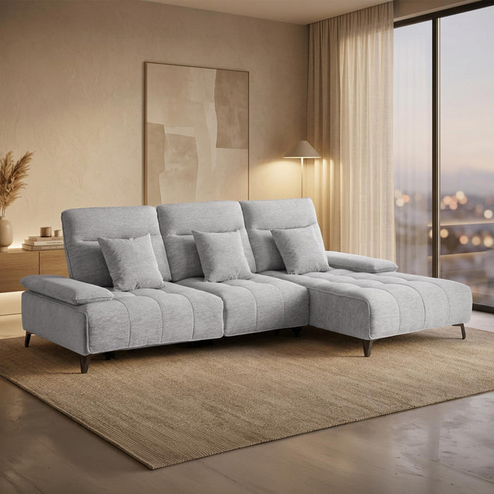 TIAM Canapé d'angle relax électrique en tissu matelassé gris - Angle droit – Canapé relax Mobilier Deco