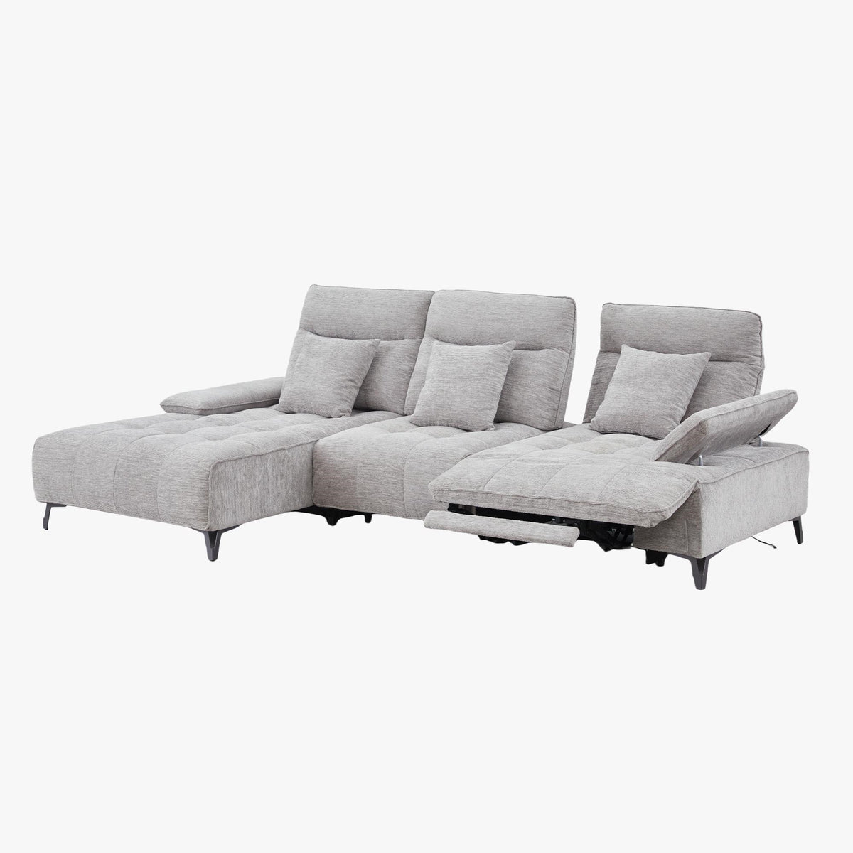 TIAM Canapé d'angle relax électrique en tissu matelassé gris - Angle gauche - Canapé relax - Mobilier Deco